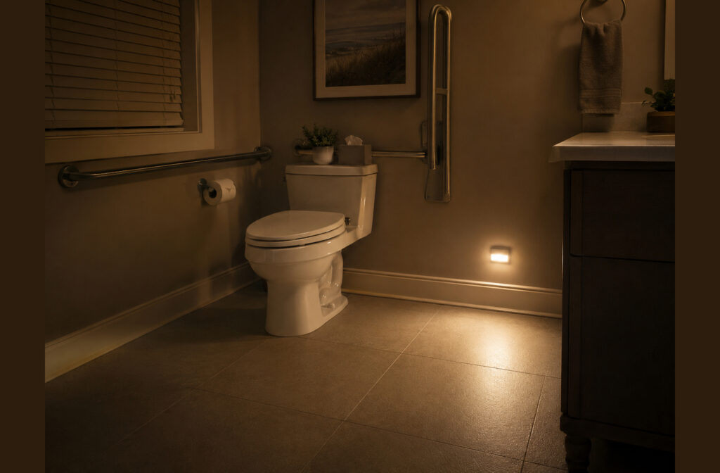 Accessible bathroom with sturdy metal grab bars and a floor-level nightlight, showing fall-prevention priorities for safer toilet transfers