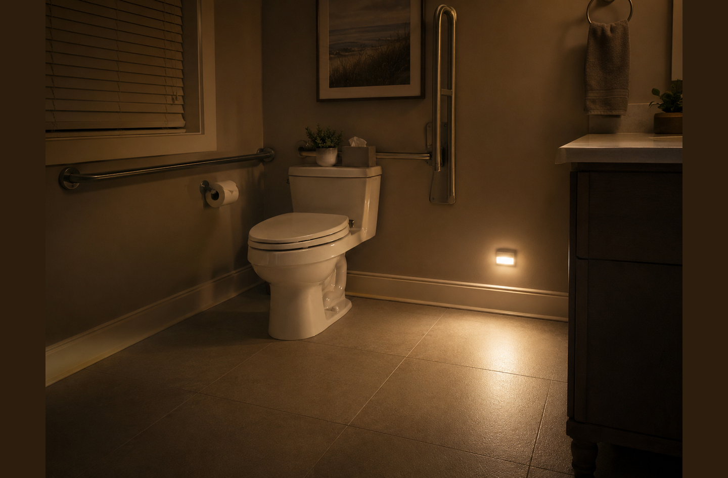 Accessible bathroom with sturdy metal grab bars and a floor-level nightlight, showing fall-prevention priorities for safer toilet transfers