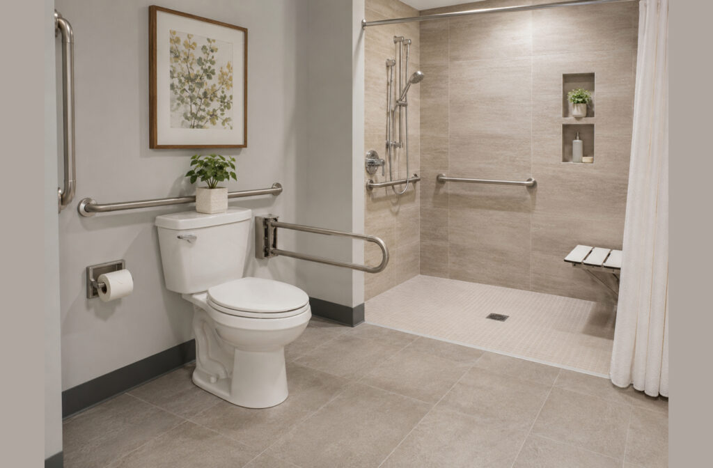 Bathroom safety planning example: accessible bathroom with a toilet grab bar, folding transfer arm, and curbless roll-in shower with a wall-mounted seat