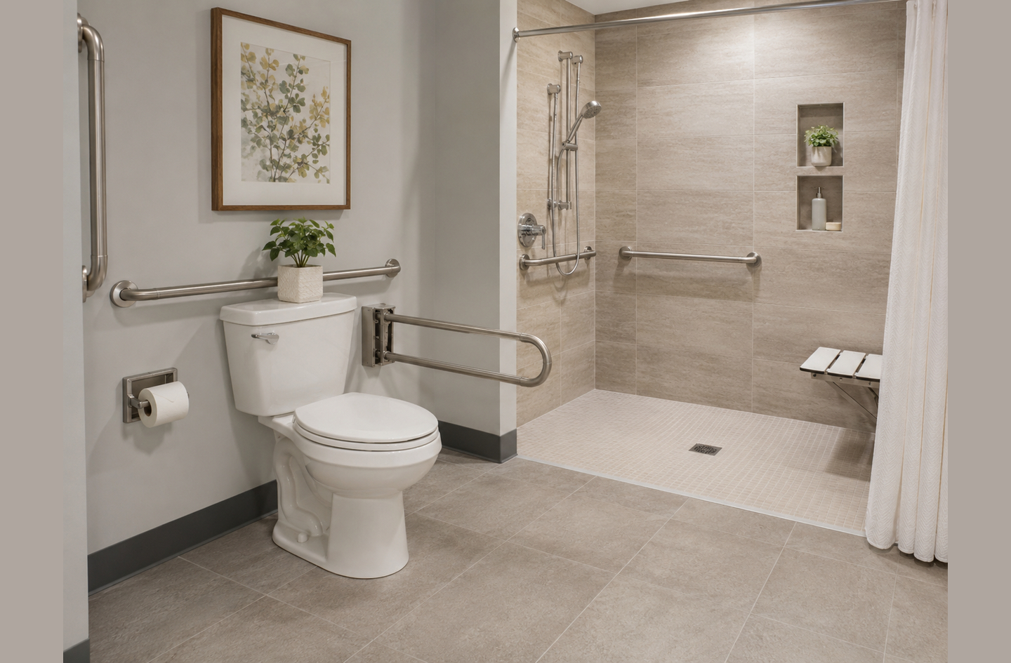 Bathroom safety planning example: accessible bathroom with a toilet grab bar, folding transfer arm, and curbless roll-in shower with a wall-mounted seat