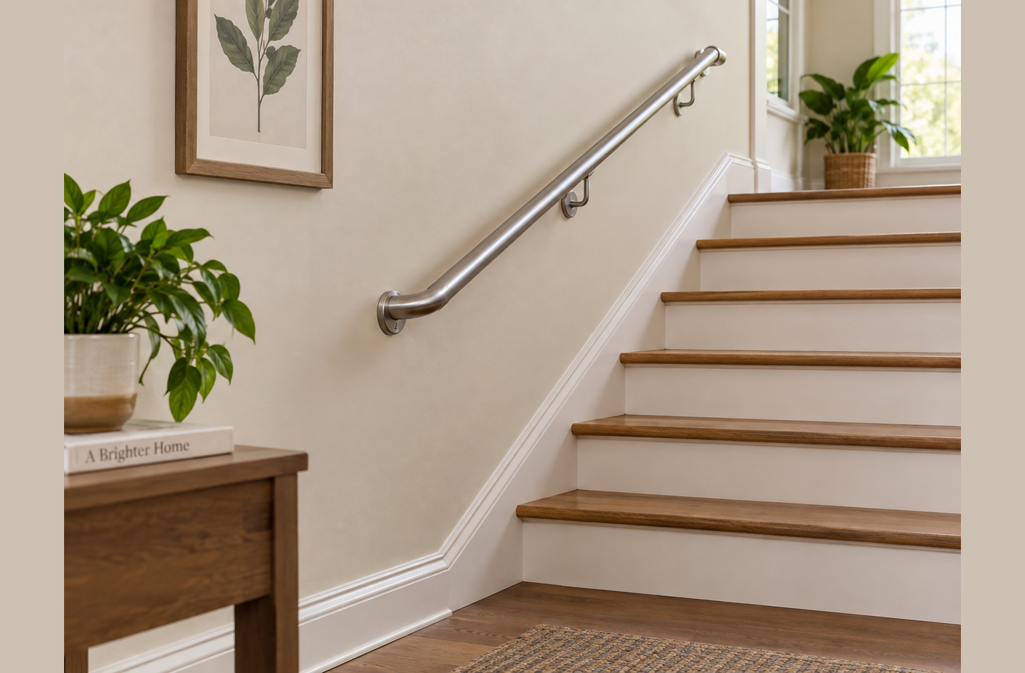 A brushed metal handrail mounted to the wall alongside a staircase with wooden treads and white risers, beside a houseplant and a framed botanical print.