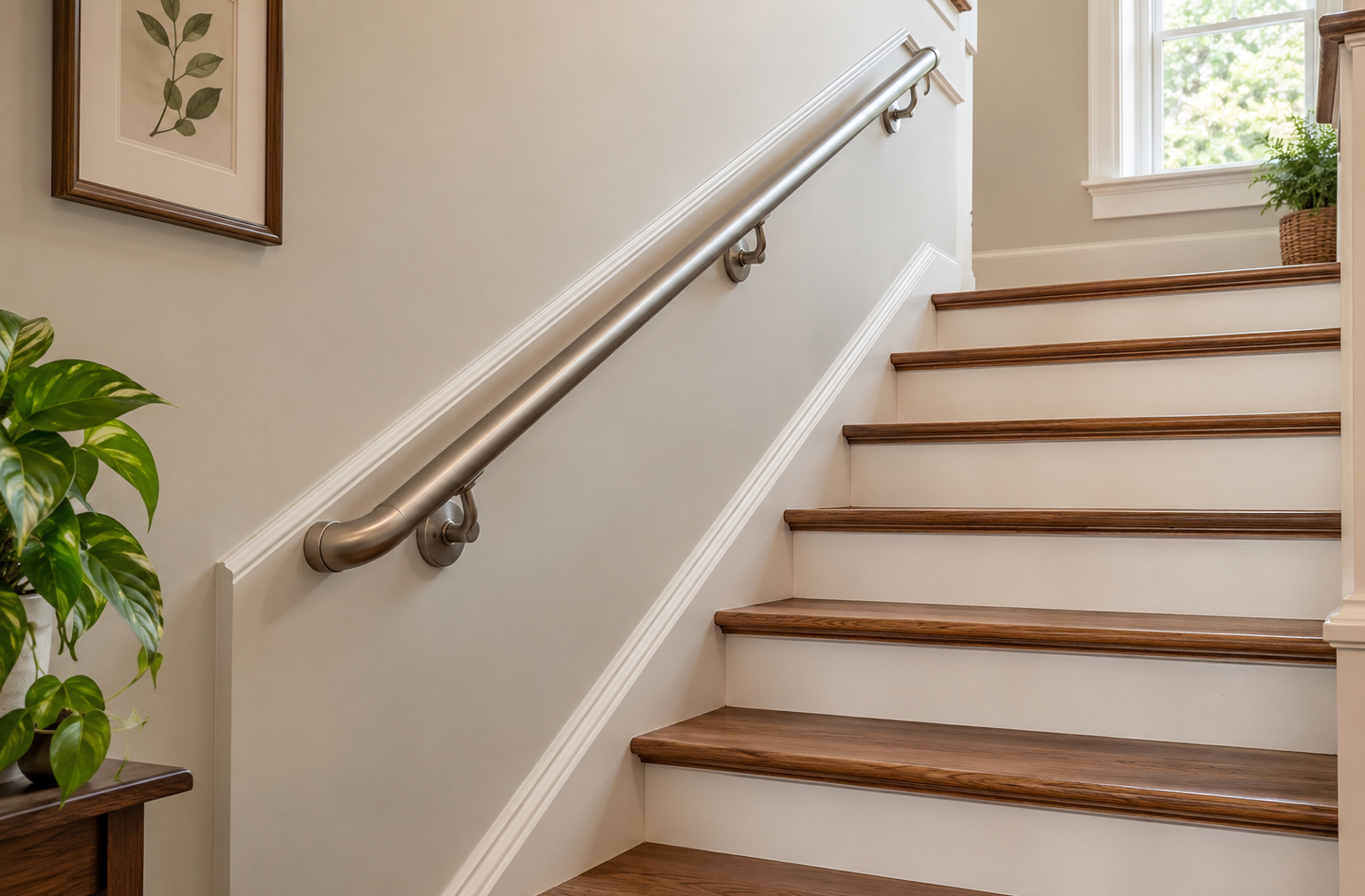 A brushed metal handrail mounted on a wall beside a staircase whose wooden treads contrast with white risers, next to a houseplant and a framed botanical print.