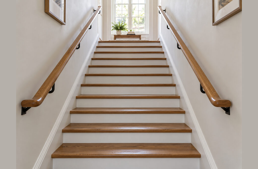 Senior safety in the home on the stairs: a wooden staircase with handrails mounted along both walls, rising toward a sunlit window at the top.