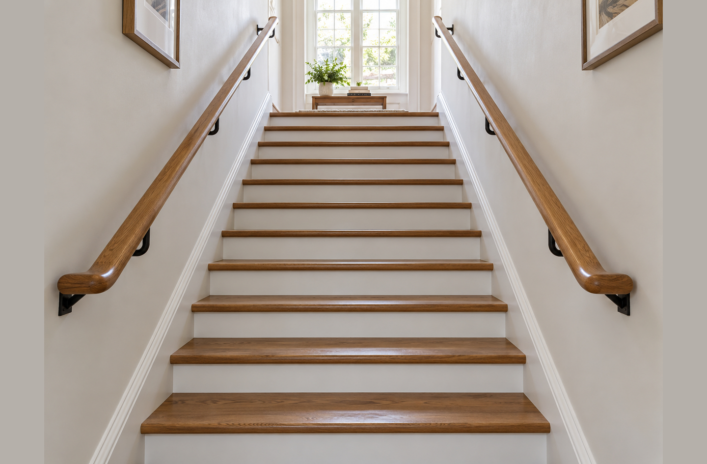 Senior safety in the home on the stairs: a wooden staircase with handrails mounted along both walls, rising toward a sunlit window at the top.