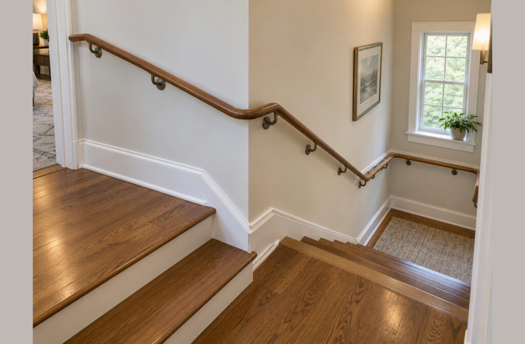 Senior safety handrails: a wooden stair handrail on bronze-toned brackets follows a beige staircase wall around the turn of the landing