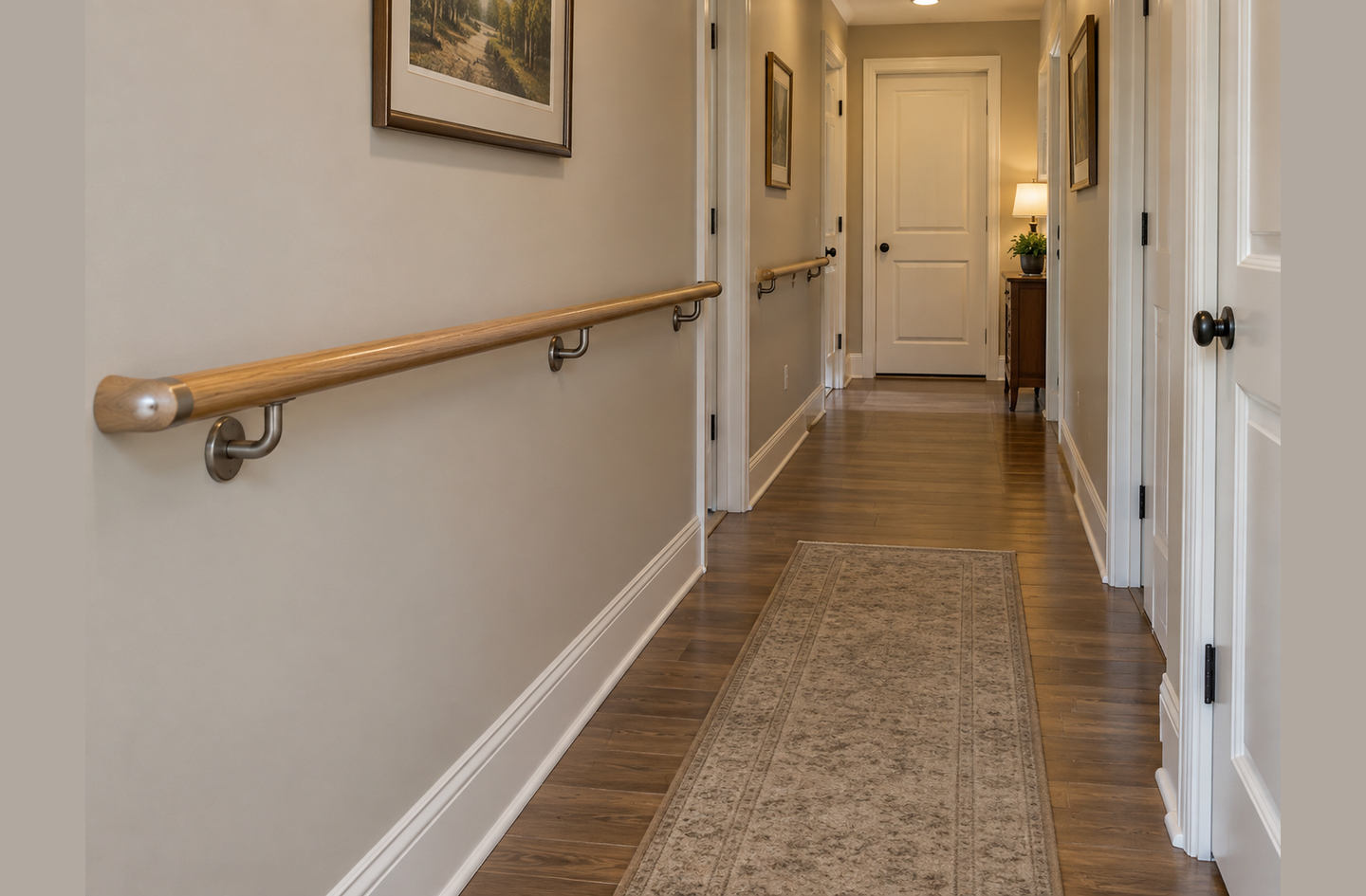 A home safety checklist for seniors starts on daily routes like this residential hallway, where a wood and metal handrail runs along the left wall over a hardwood floor toward a lit doorway.