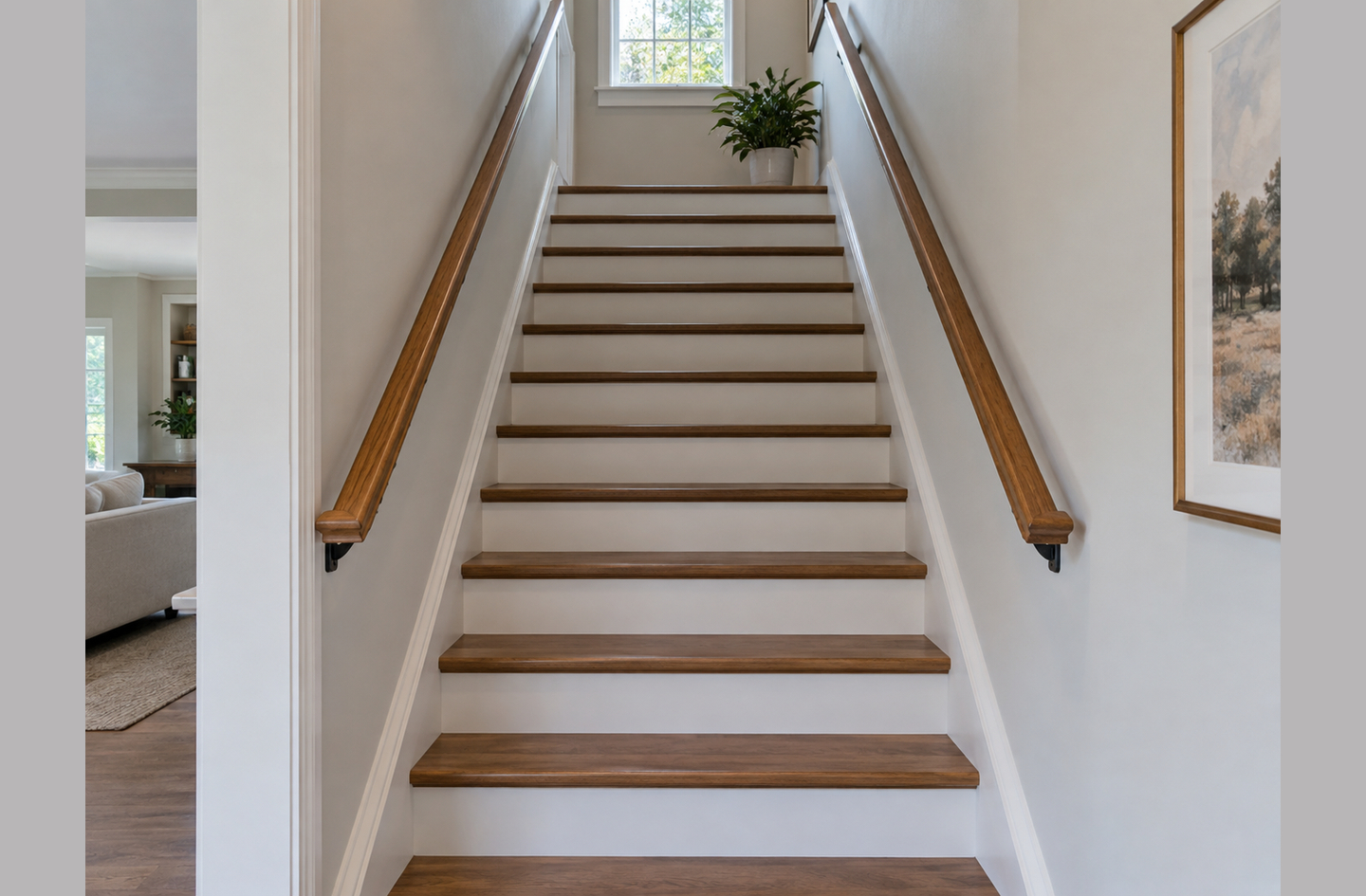 A straight wooden staircase with handrails mounted on both sides, dark wood treads and white risers, leading up to a landing with a potted plant and a window.