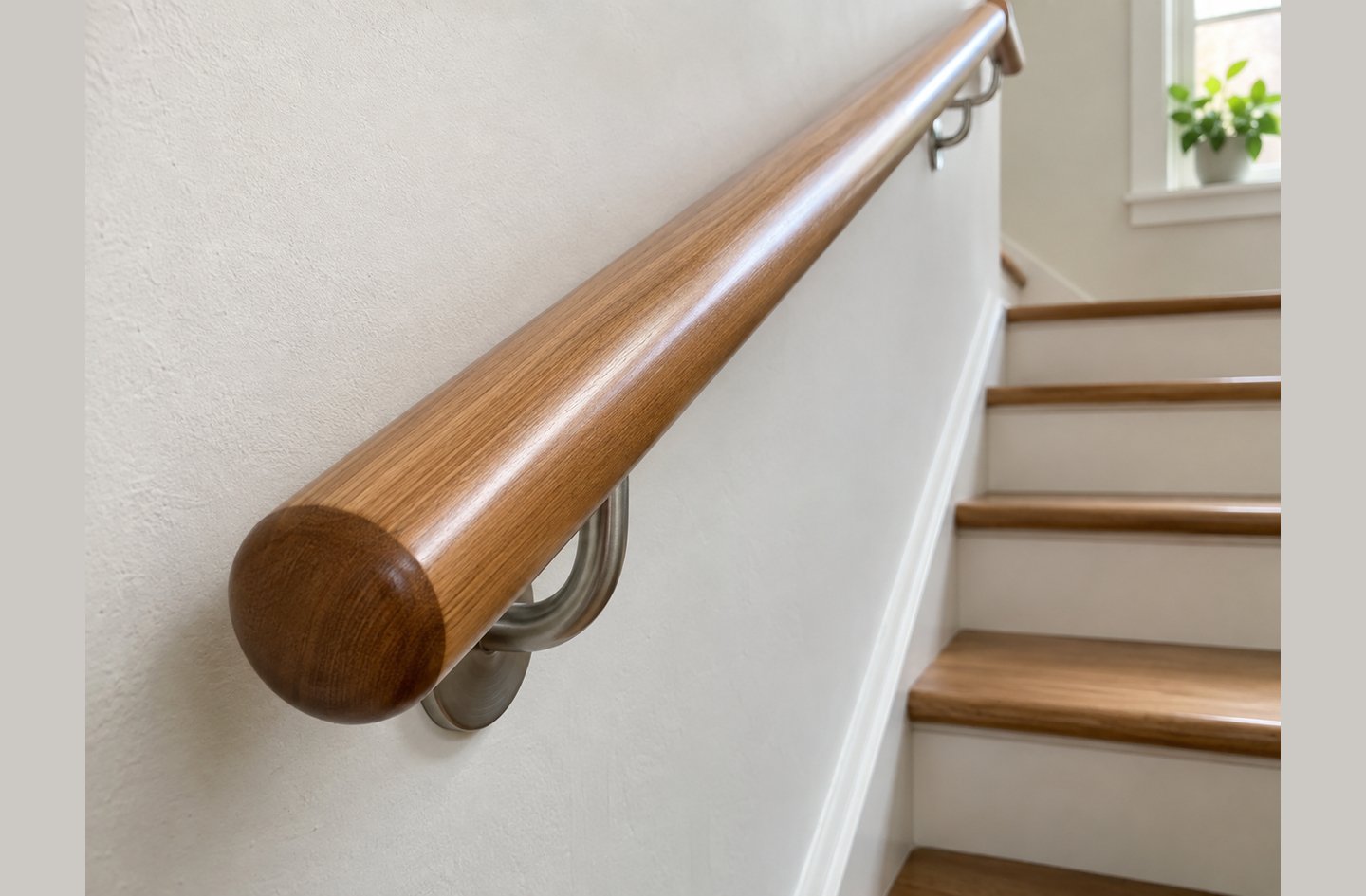 A wooden handrail mounted with brushed metal brackets to a light-colored wall, running alongside a staircase with matching wooden treads.