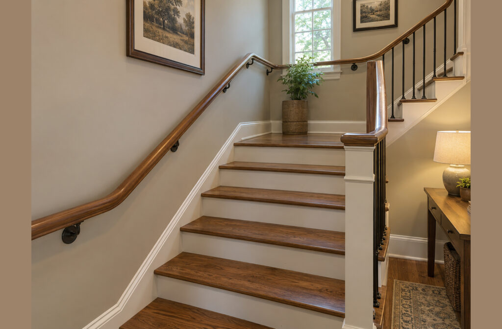 Staircase with a polished wooden handrail mounted along the wall, wooden treads and white risers leading to a landing with a window