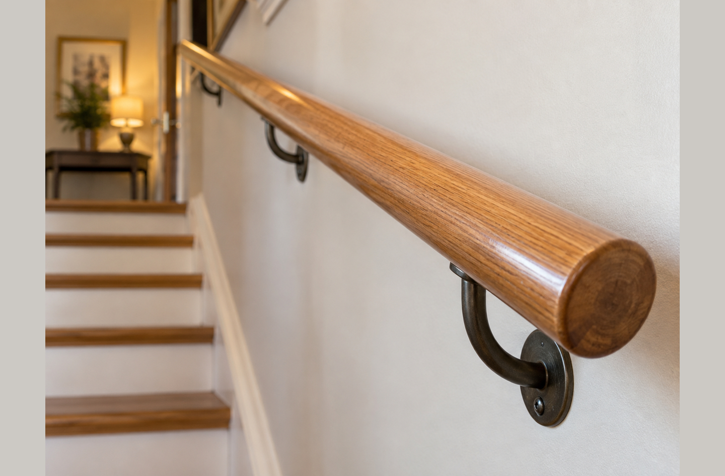 A wooden handrail on dark metal brackets runs beside a staircase toward a softly lit room, showing the support and light that stair safety for dementia depends on.