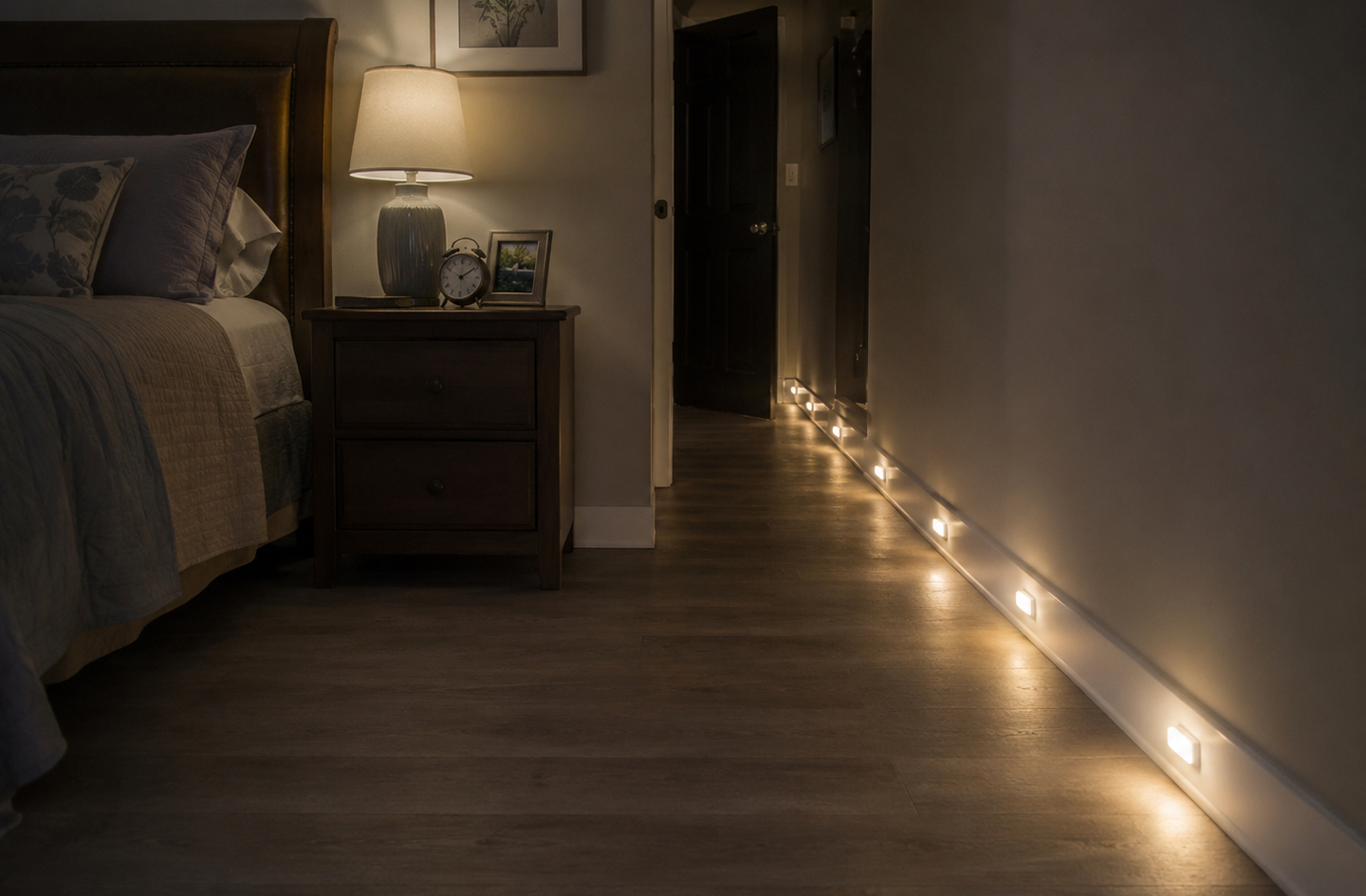 Small glowing lights mounted along the baseboard of a dim bedroom cast a warm path across the wooden floor beside a made bed and a bedside table with a lamp and a clock.