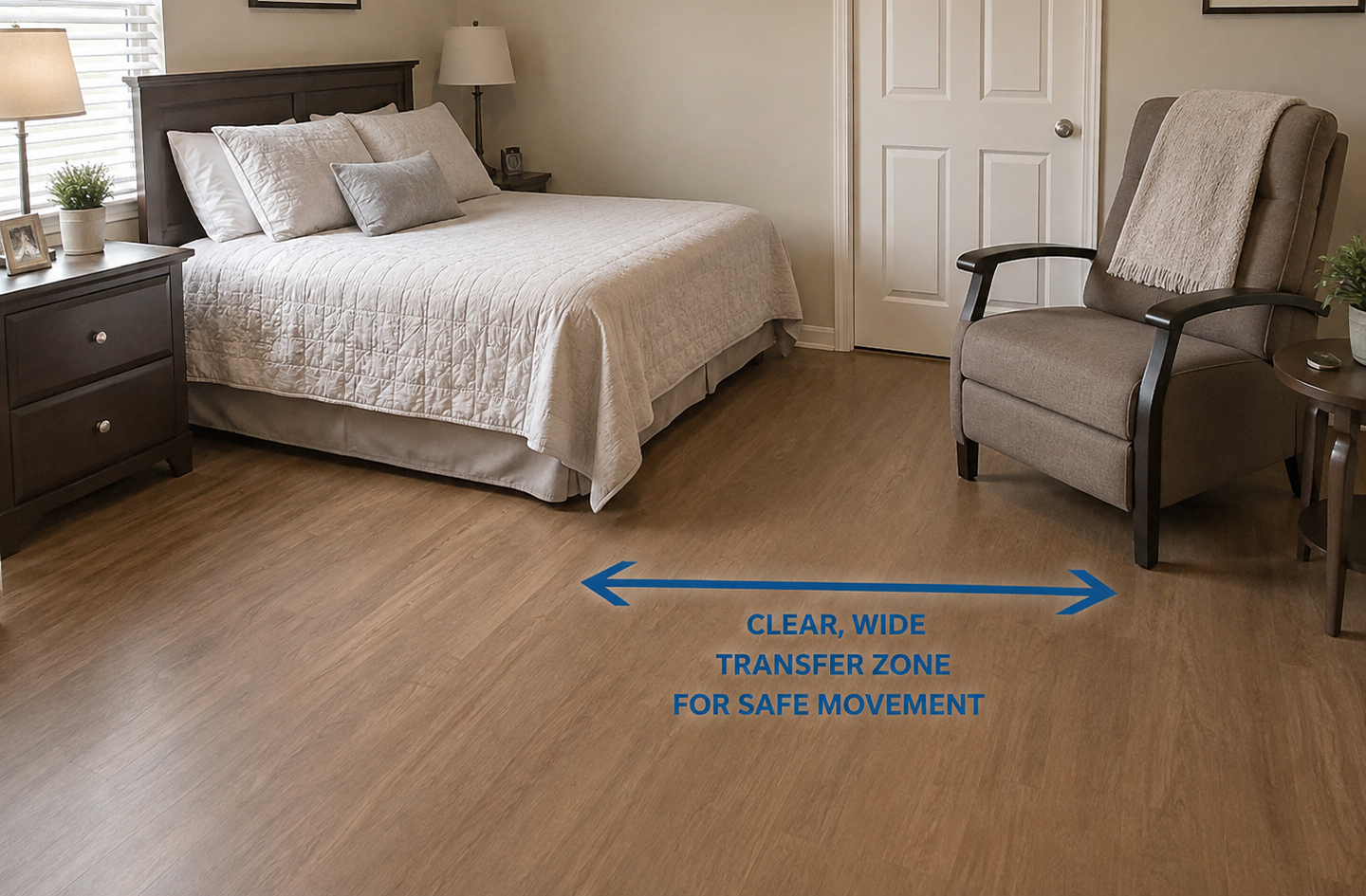 Bedroom safety transfer zone: a spacious senior bedroom with a wide, clear path marked between the bed and an armchair