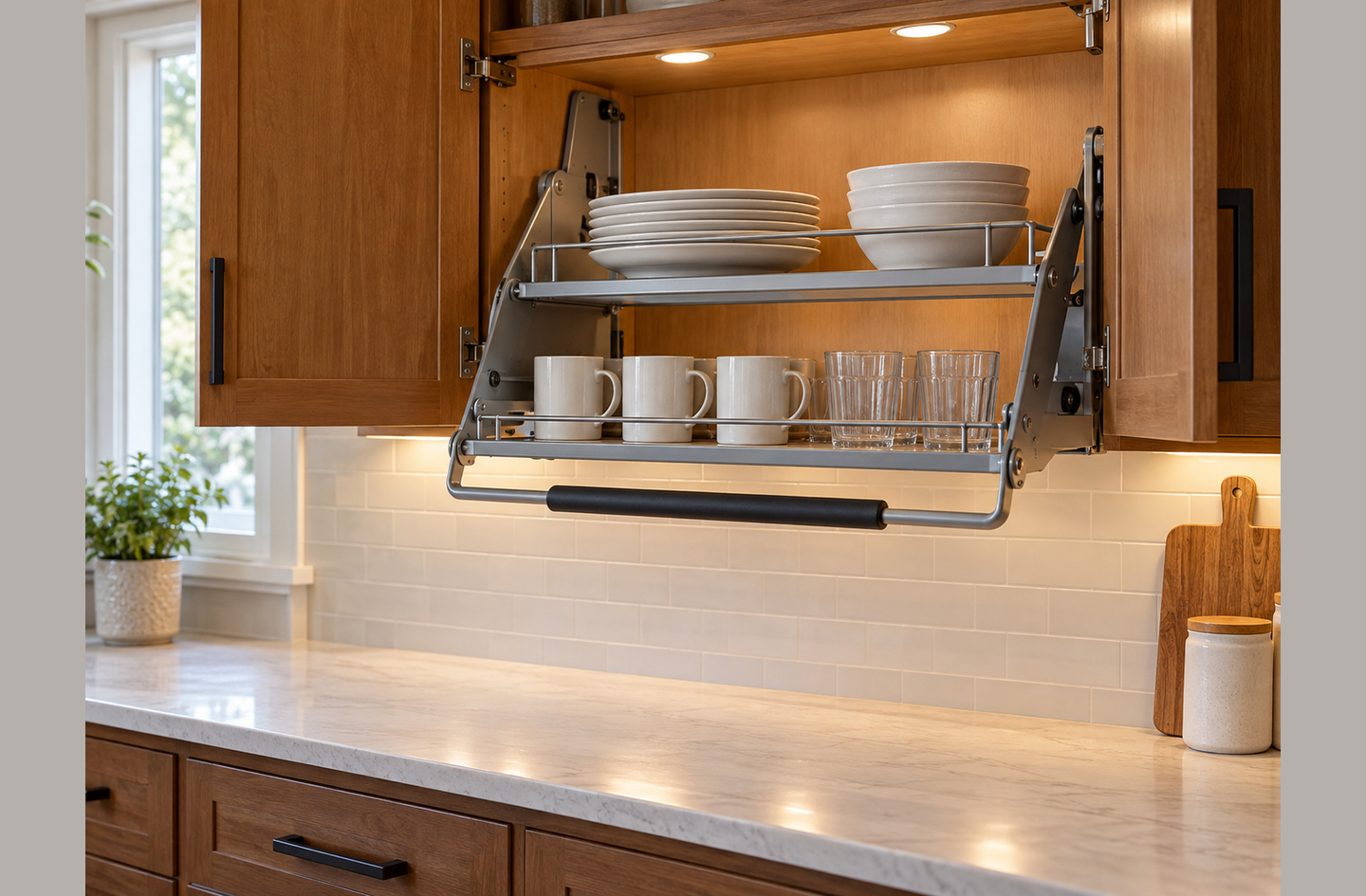A pull-down shelf mechanism inside a wall-mounted kitchen cabinet lowers racks of dishes and mugs toward counter height, operated by a front handle.