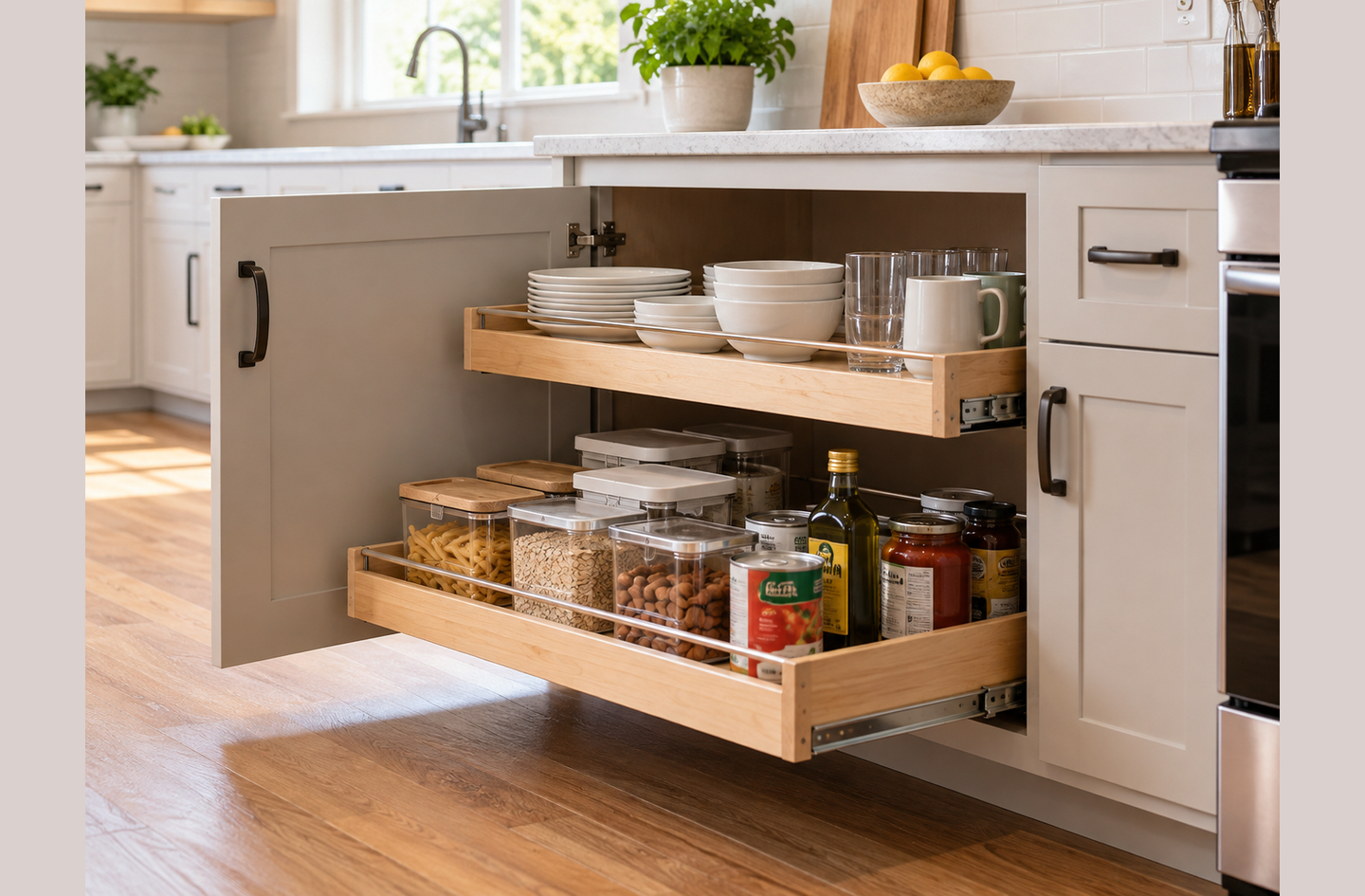 Cabinet access for seniors shown by two pull-out wooden shelves inside a light-colored base cabinet, bringing dishes and pantry staples forward to the hand.