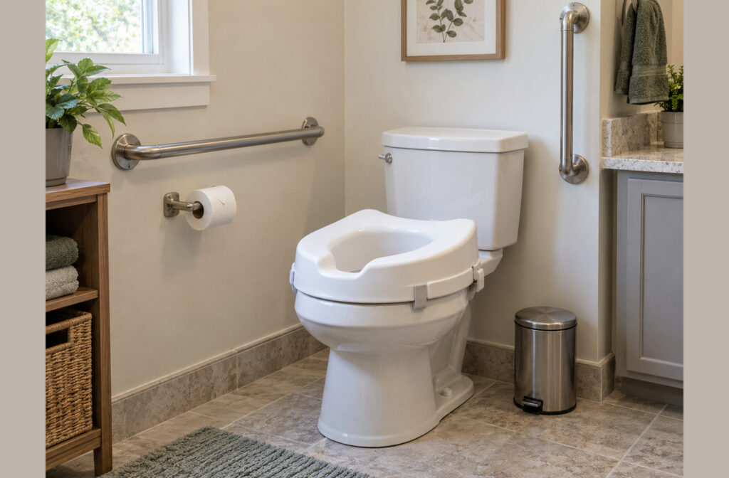 A white 2-inch raised toilet seat fitted to a standard toilet in a home bathroom with stainless steel grab bars, a toilet paper holder, and a small waste bin on a tiled floor.