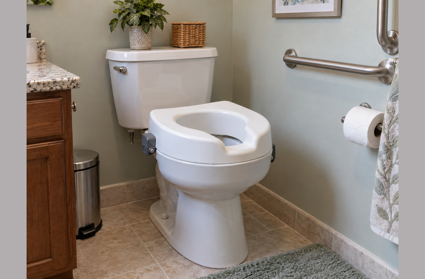 A 5-inch raised toilet seat with gray side-locking mechanisms installed on a white porcelain toilet beside a wooden vanity and a wall-mounted grab bar.