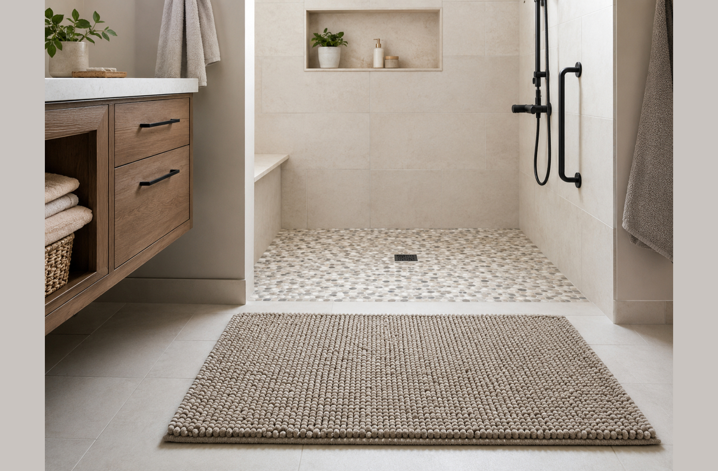 Walk-in shower with pebble-style slip-resistant flooring, built-in bench, and matte black grab bars for bathroom safety
