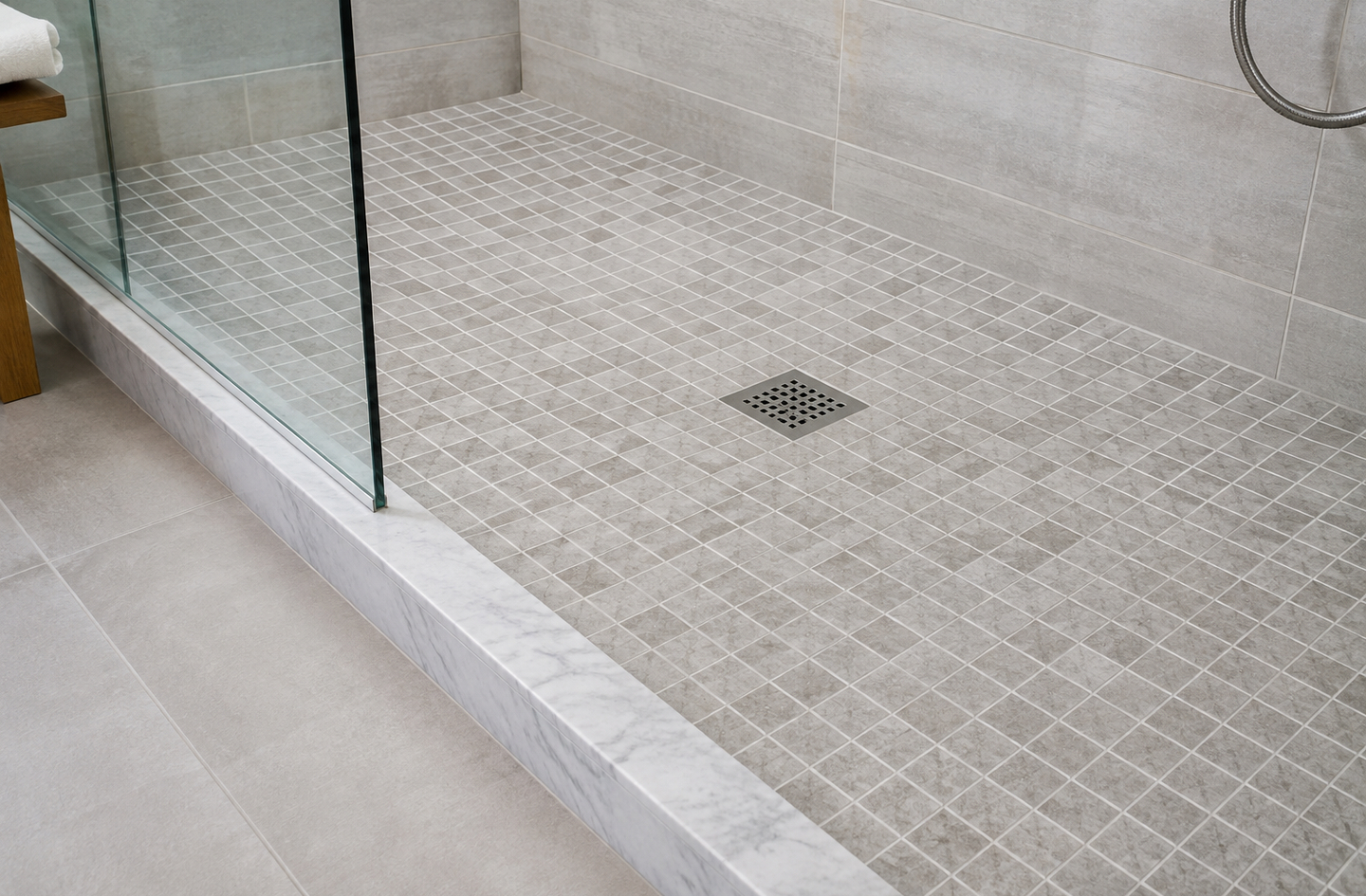 Slip-resistant flooring in a walk-in shower: a 2-inch grid of gray textured tiles around a centered square metal drain, with a glass panel and a marble threshold