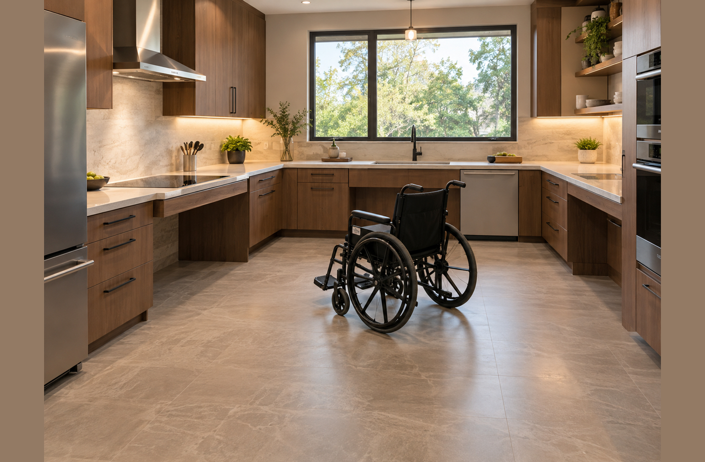 A modern kitchen with open knee spaces under the countertops and sink, warm wood cabinetry, stone-look flooring and a wheelchair in the open floor area.